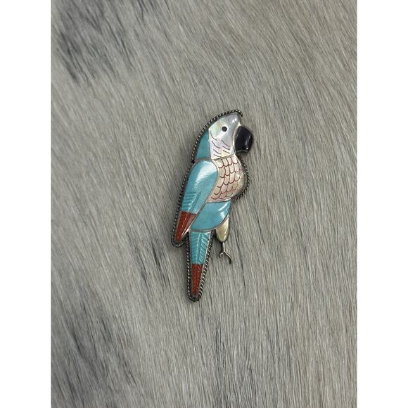 Leland Peketewa Jewelry - Zuni 2” Leland Peketewa Sterling Silver Inlay Turquoise Coral MOP Parrot Pendant